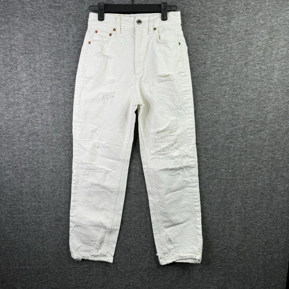 Zara "The Pepper Mom" Womens White Distressed High-Waisted Jeans Size 0 Casual‎